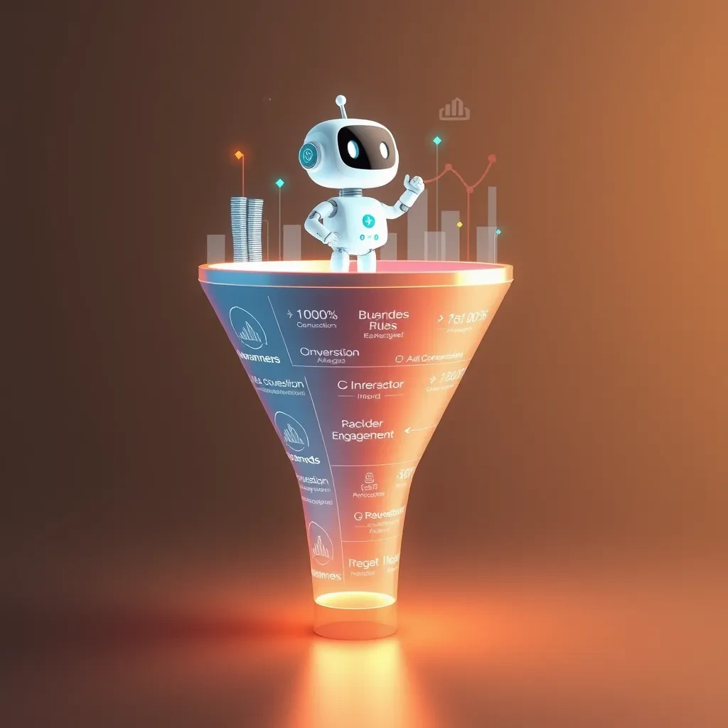 A visualization of a sales funnel with data points and metrics flowing through it. The funnel is represented as a 3D object, with a glowing AI chatbot icon at its top, feeding information into the funnel. The data points are visually appealing and informative, highlighting key metrics like conversion rates, bounce rates, and customer engagement. The image conveys the process of analyzing data and optimizing the sales funnel for better conversions.